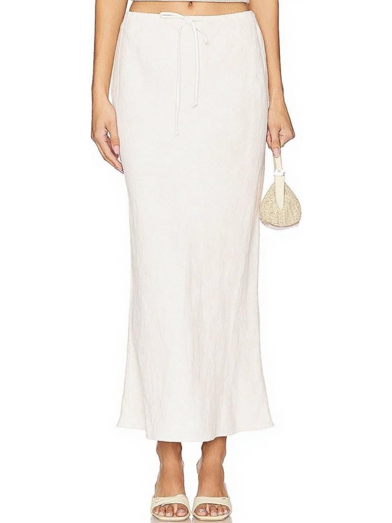 Flowy White Linen Maxi Skirt With Lining, Drawstring, Flared Long Skirt For
